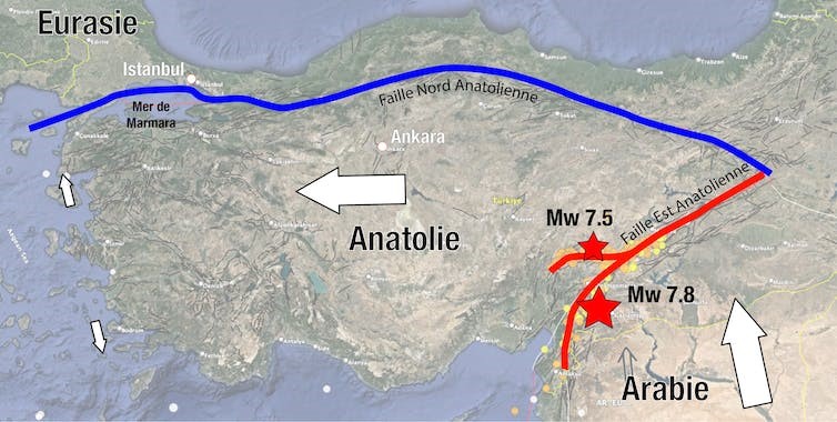 Localisation des séismes Turcs de magnitude 7,8 et 7,5.