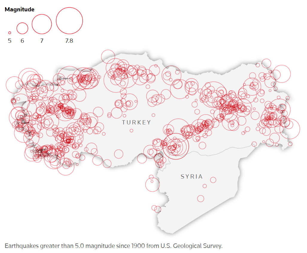 Carte des séismes supérieur à 5 depuis 1900 dans la région Turquie / Syrie