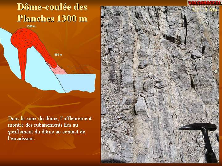Dôme coulée rhyolite, Lusclade Gacherie,carrière des Planches fluidalités magmatiques rubanements